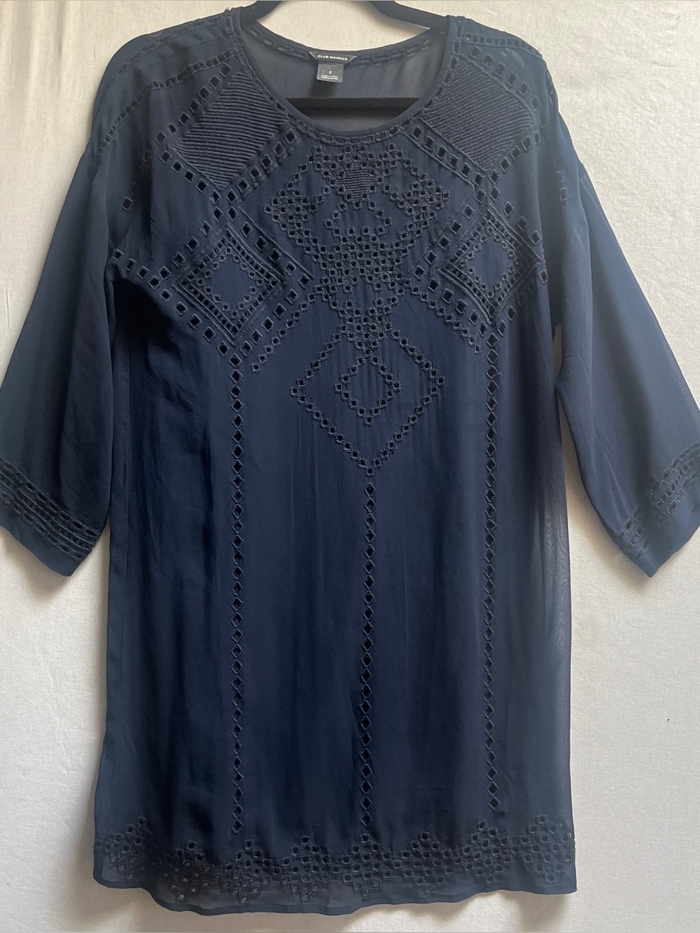 Club Monaco Navy Blue Silk Embroidered Chiffon Tunic Dress Size 2